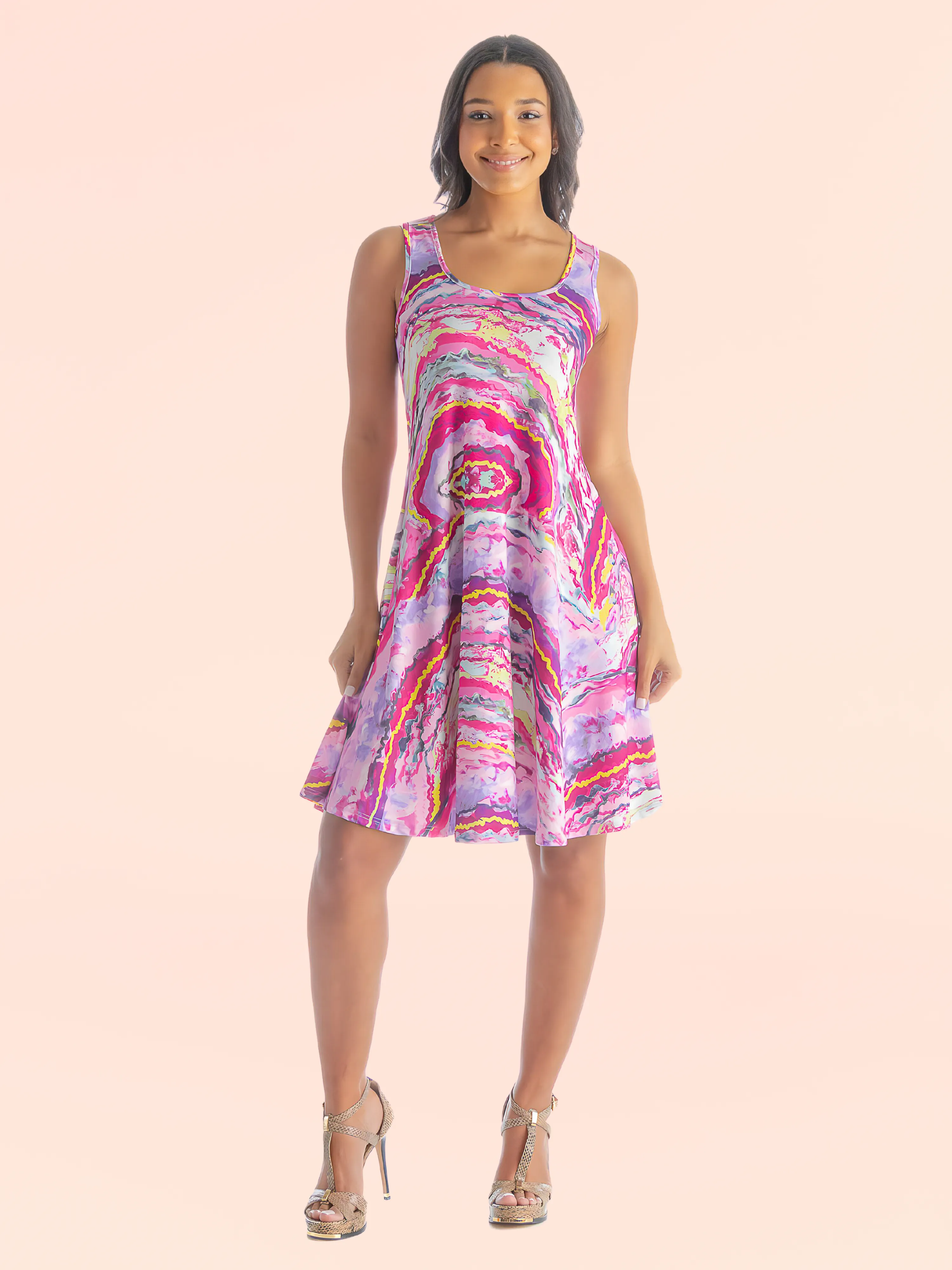 Pink Abstract Print Womens Sleeveless Knee Length Tank Swing Dress