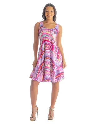Pink Abstract Print Womens Sleeveless Knee Length Tank Swing Dress