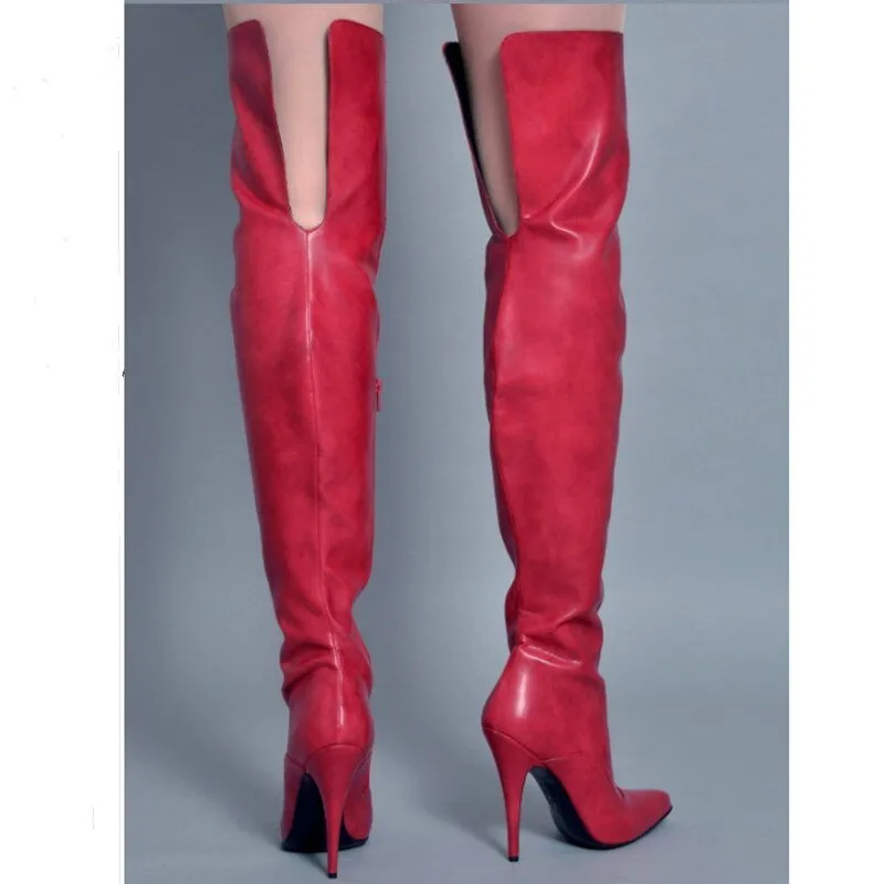 Pointed Toe Leather Boots Women Side Zipper High Heels Shoes