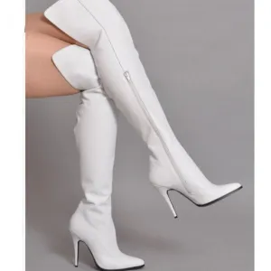 Pointed Toe Leather Boots Women Side Zipper High Heels Shoes