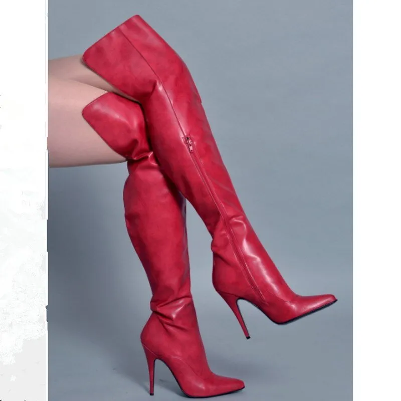 Pointed Toe Leather Boots Women Side Zipper High Heels Shoes