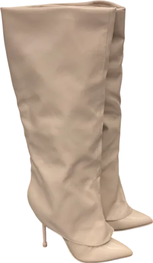 Public Desire Nude All Yours Pointed Toe Stiletto Fold Over Knee High Boots UK 3 EU 36 👠