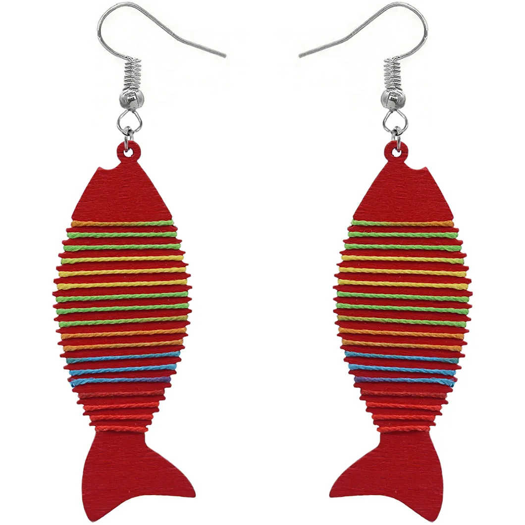 Red Multicolor Wooden Woven Fish Earrings