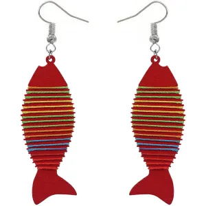 Red Multicolor Wooden Woven Fish Earrings