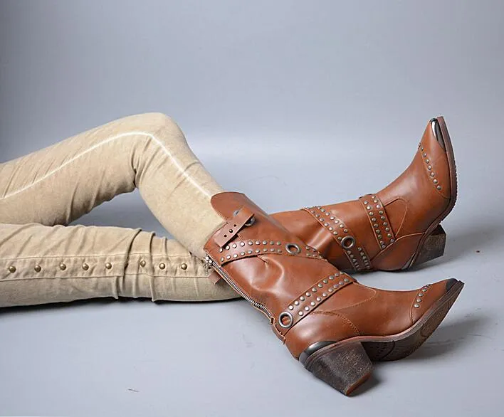 Rivet Pointed Toe Luxury Brand Women Winter Boots Genuine Leather High Heel Chunky Metal Stud Mid-calf Boots
