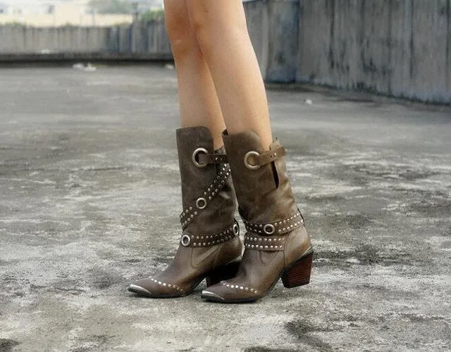 Rivet Pointed Toe Luxury Brand Women Winter Boots Genuine Leather High Heel Chunky Metal Stud Mid-calf Boots