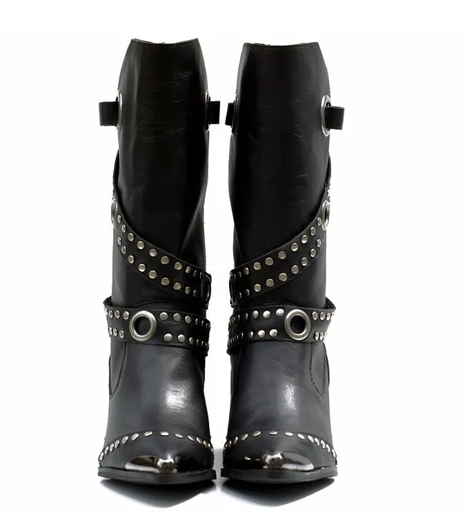 Rivet Pointed Toe Luxury Brand Women Winter Boots Genuine Leather High Heel Chunky Metal Stud Mid-calf Boots
