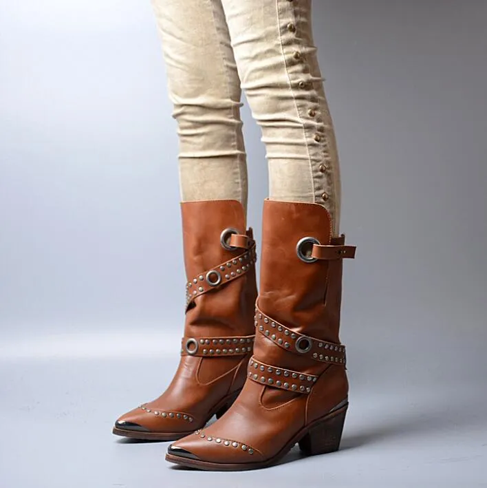 Rivet Pointed Toe Luxury Brand Women Winter Boots Genuine Leather High Heel Chunky Metal Stud Mid-calf Boots