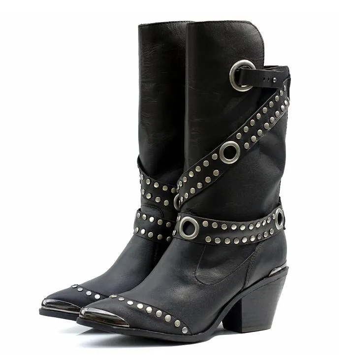 Rivet Pointed Toe Luxury Brand Women Winter Boots Genuine Leather High Heel Chunky Metal Stud Mid-calf Boots