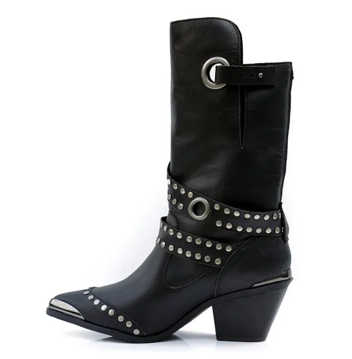 Rivet Pointed Toe Luxury Brand Women Winter Boots Genuine Leather High Heel Chunky Metal Stud Mid-calf Boots