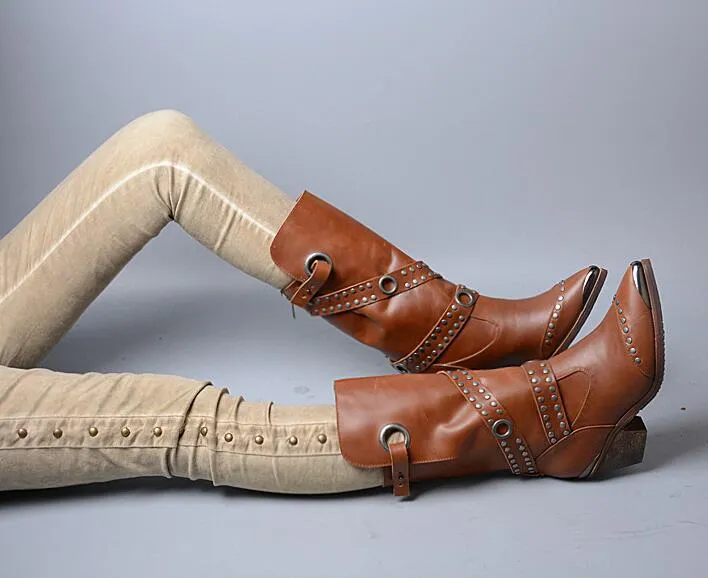 Rivet Pointed Toe Luxury Brand Women Winter Boots Genuine Leather High Heel Chunky Metal Stud Mid-calf Boots