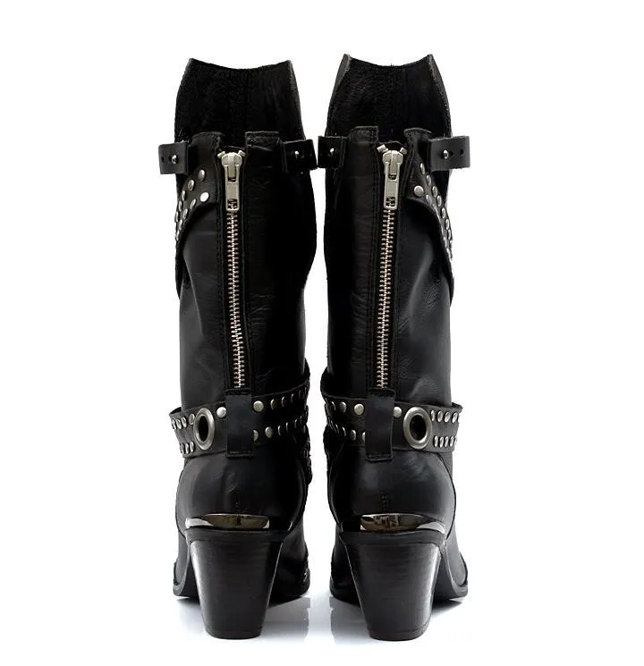 Rivet Pointed Toe Luxury Brand Women Winter Boots Genuine Leather High Heel Chunky Metal Stud Mid-calf Boots