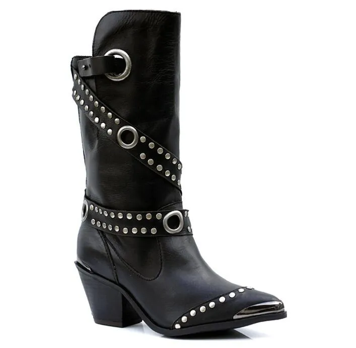 Rivet Pointed Toe Luxury Brand Women Winter Boots Genuine Leather High Heel Chunky Metal Stud Mid-calf Boots