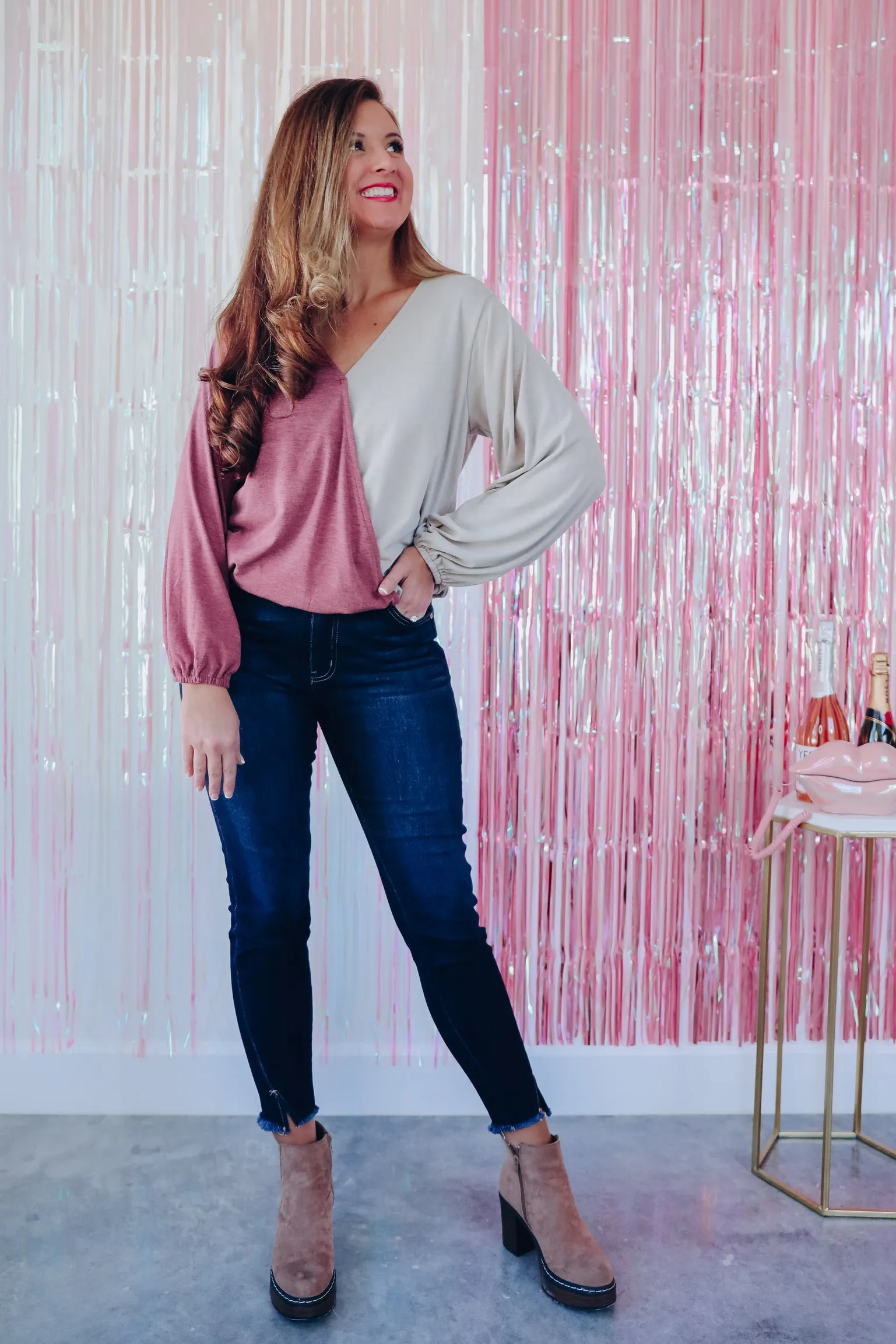 Savvy Surplice Color Block Top - Burgundy