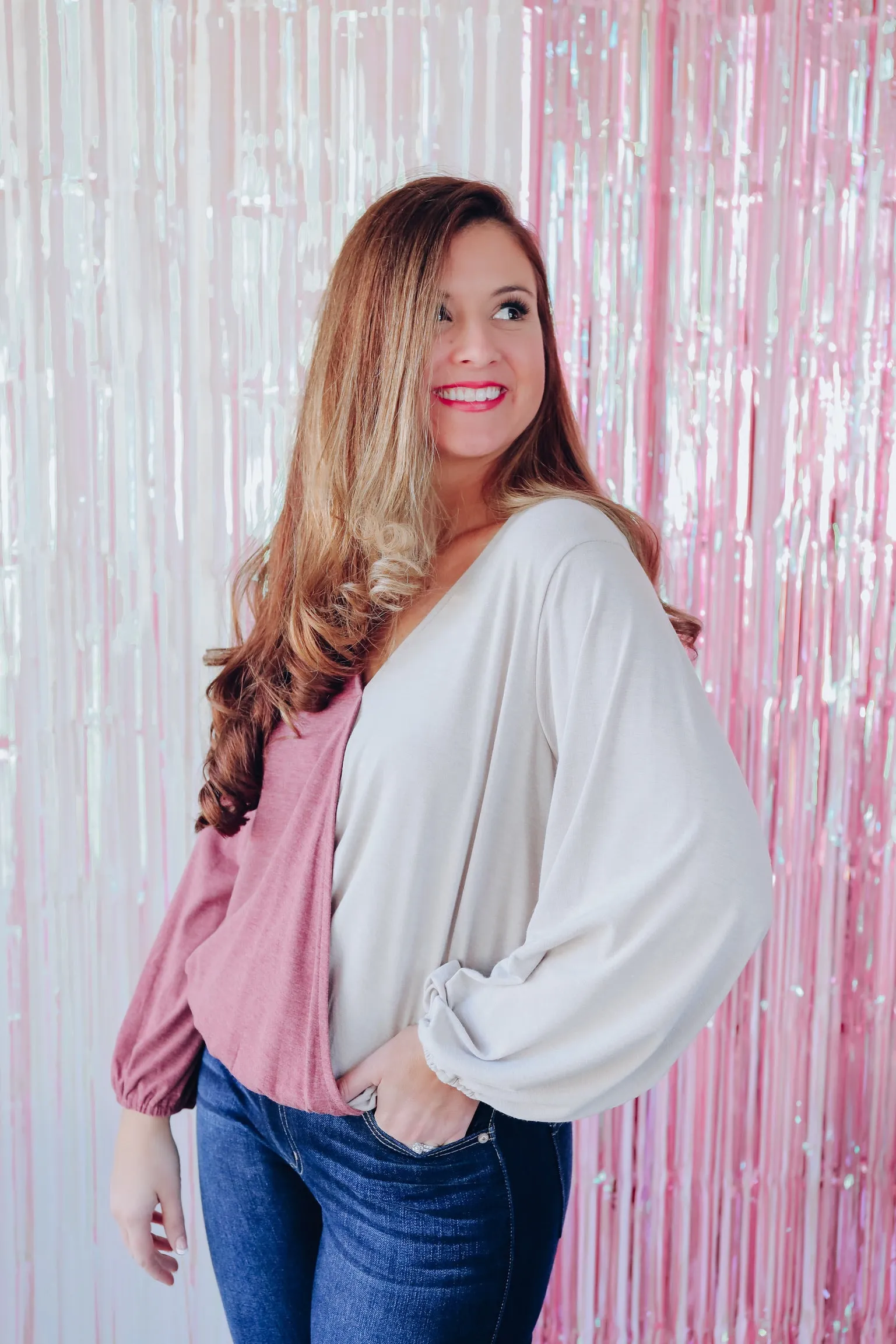 Savvy Surplice Color Block Top - Burgundy