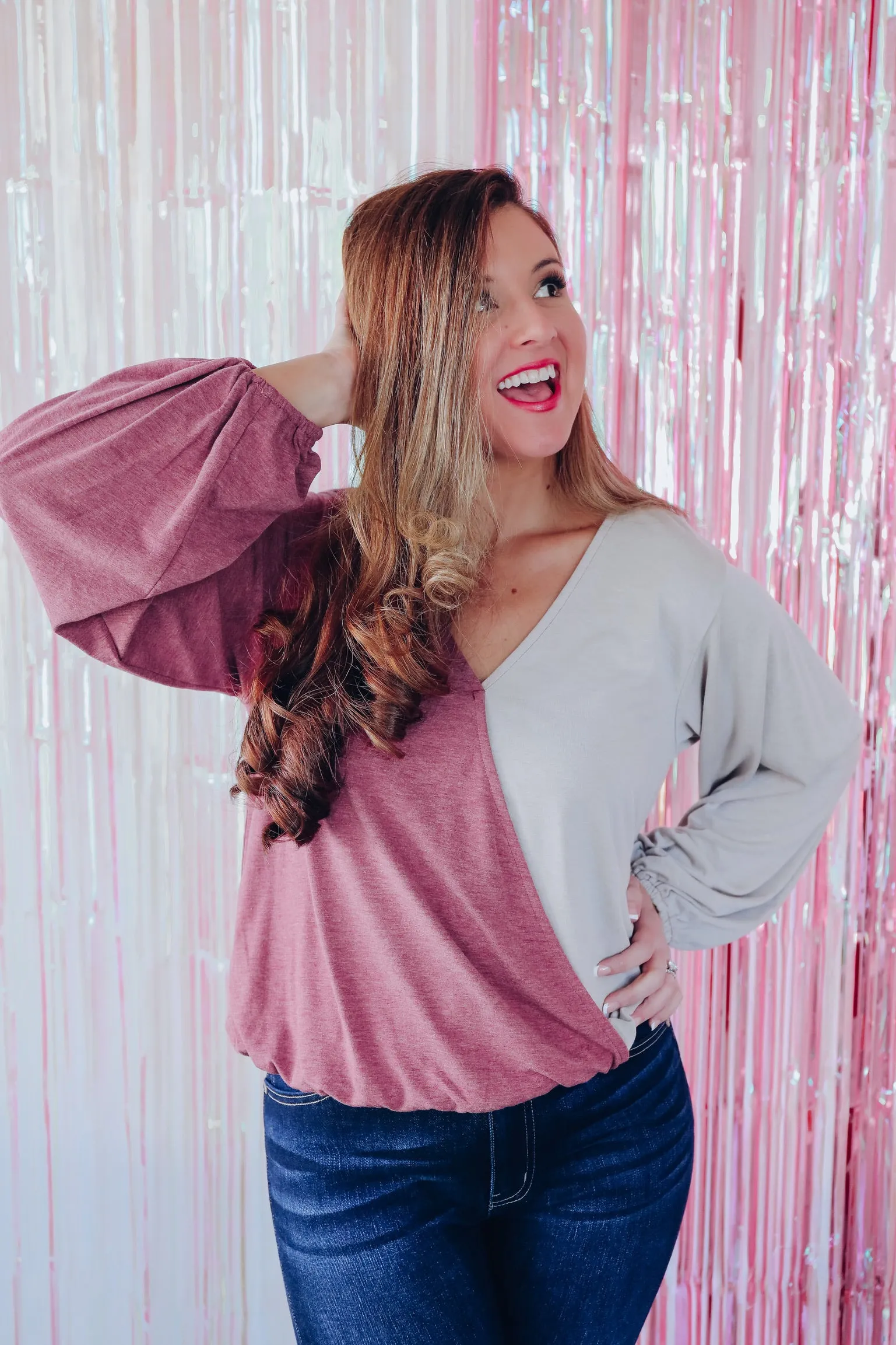 Savvy Surplice Color Block Top - Burgundy