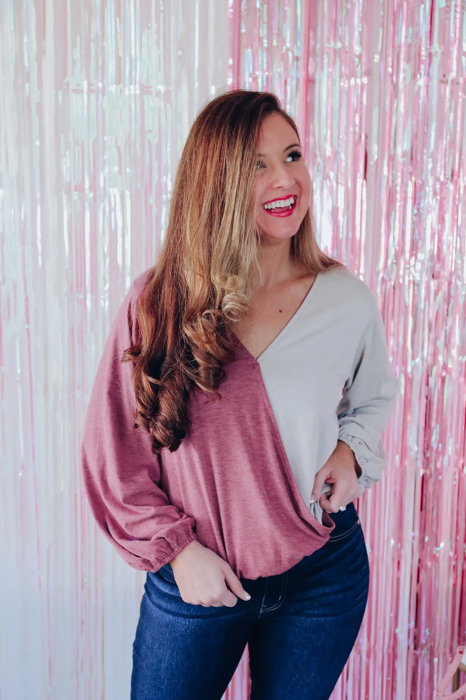 Savvy Surplice Color Block Top - Burgundy