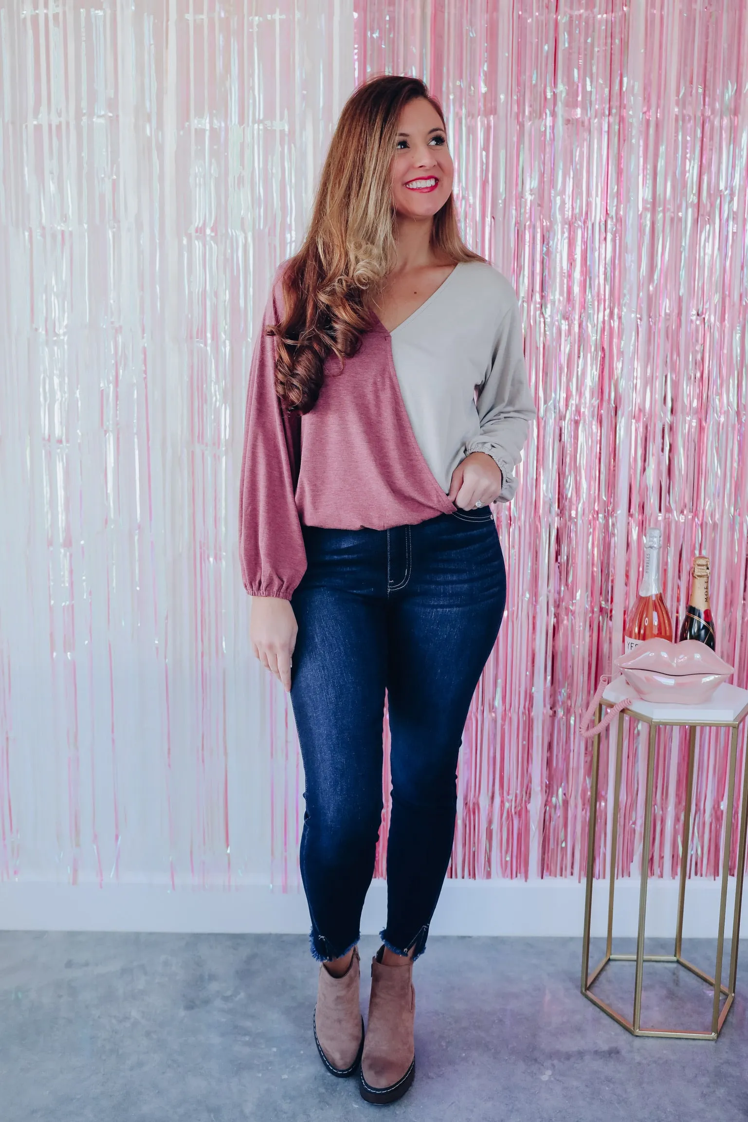 Savvy Surplice Color Block Top - Burgundy