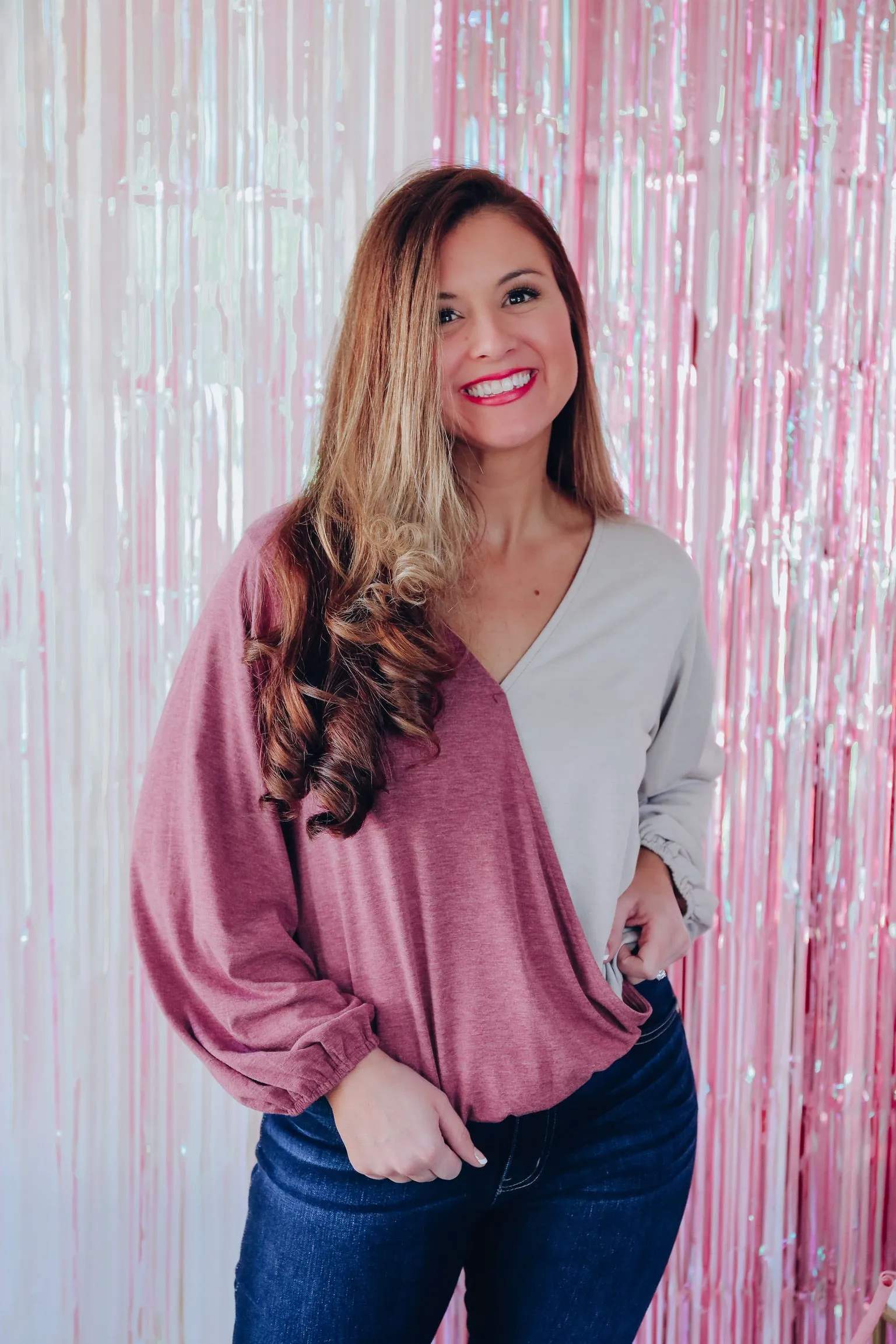 Savvy Surplice Color Block Top - Burgundy