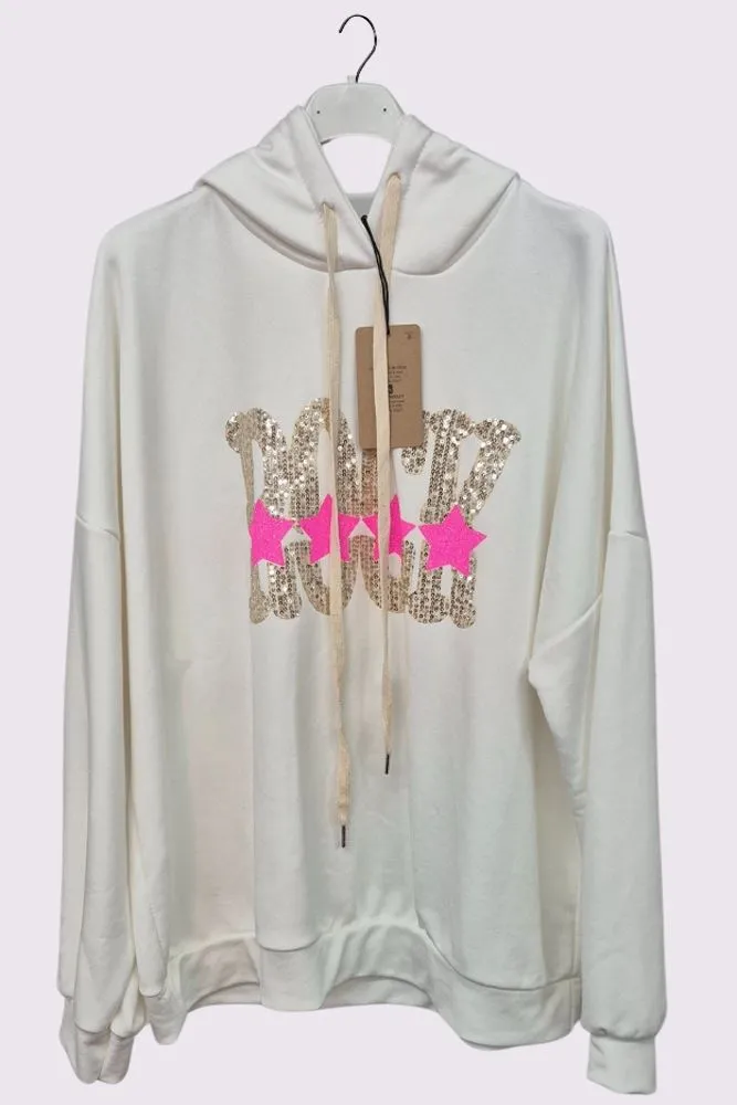 Sequin Rock Star Motif Oversized Hoodstring Cotton Hoodie
