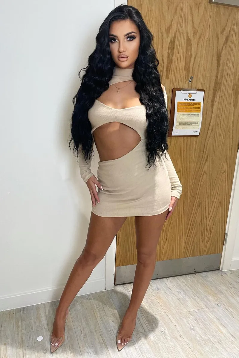 Stone Rib High Neck Front Cut Out Mini Dress - Paige
