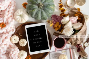 Tablet, Fall Pumpkins & Cozy Workspace. Digital Stock Image.