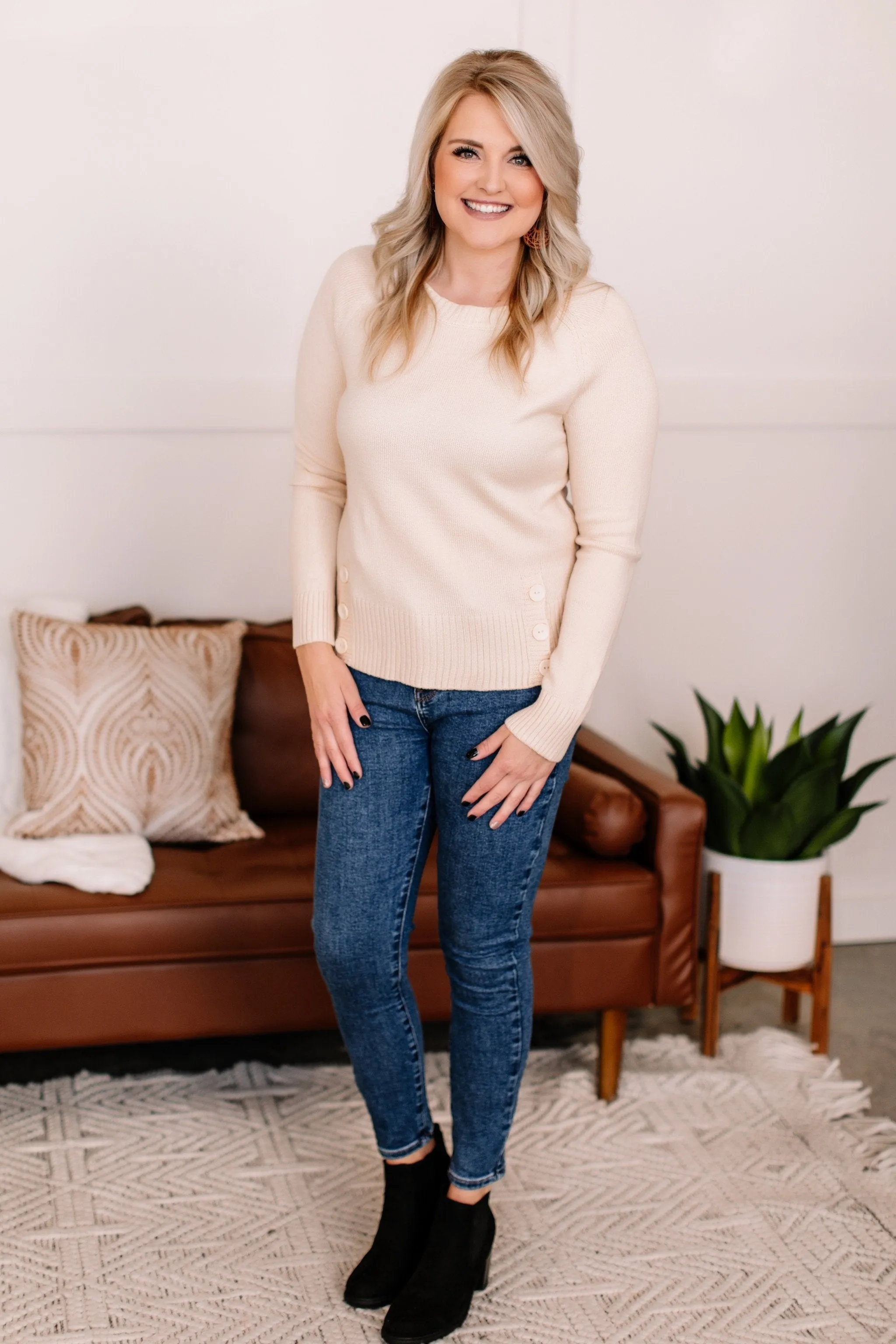 Take A Knit Sweater with Button Detail In Cream