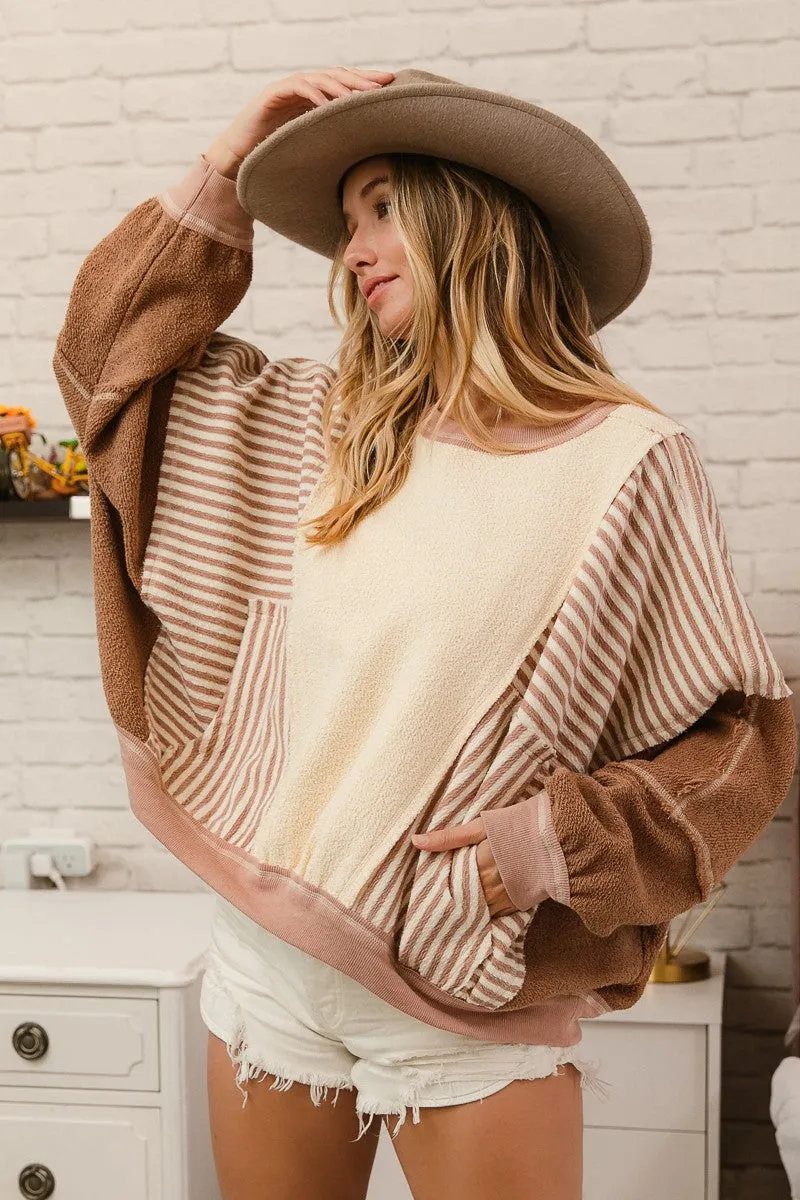 Terry Stripe Color Block Pullover