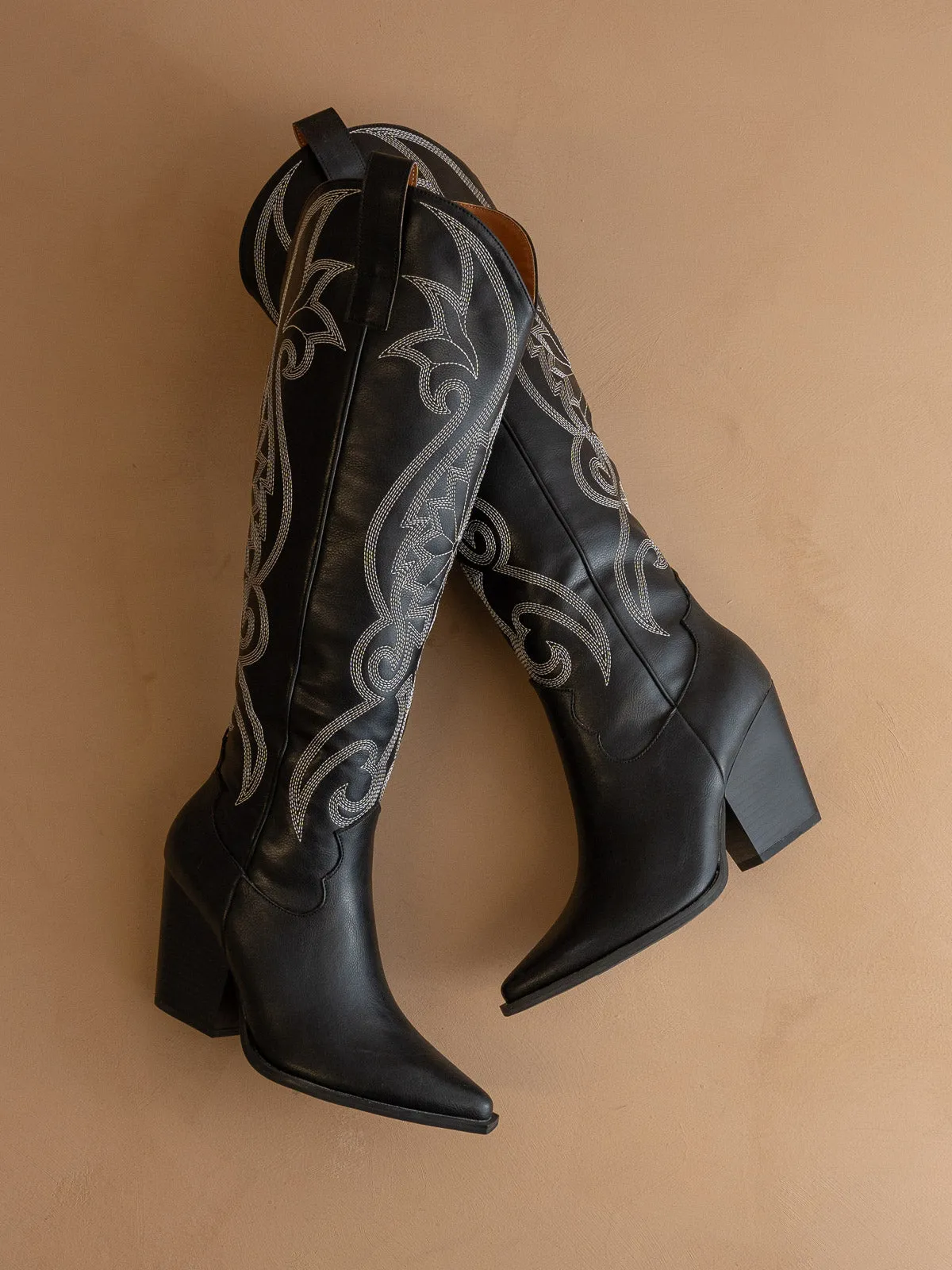 The Astrid | Black Knee High Embroidered Cowboy Boot