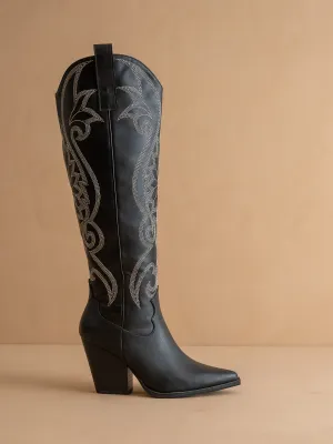 The Astrid | Black Knee High Embroidered Cowboy Boot