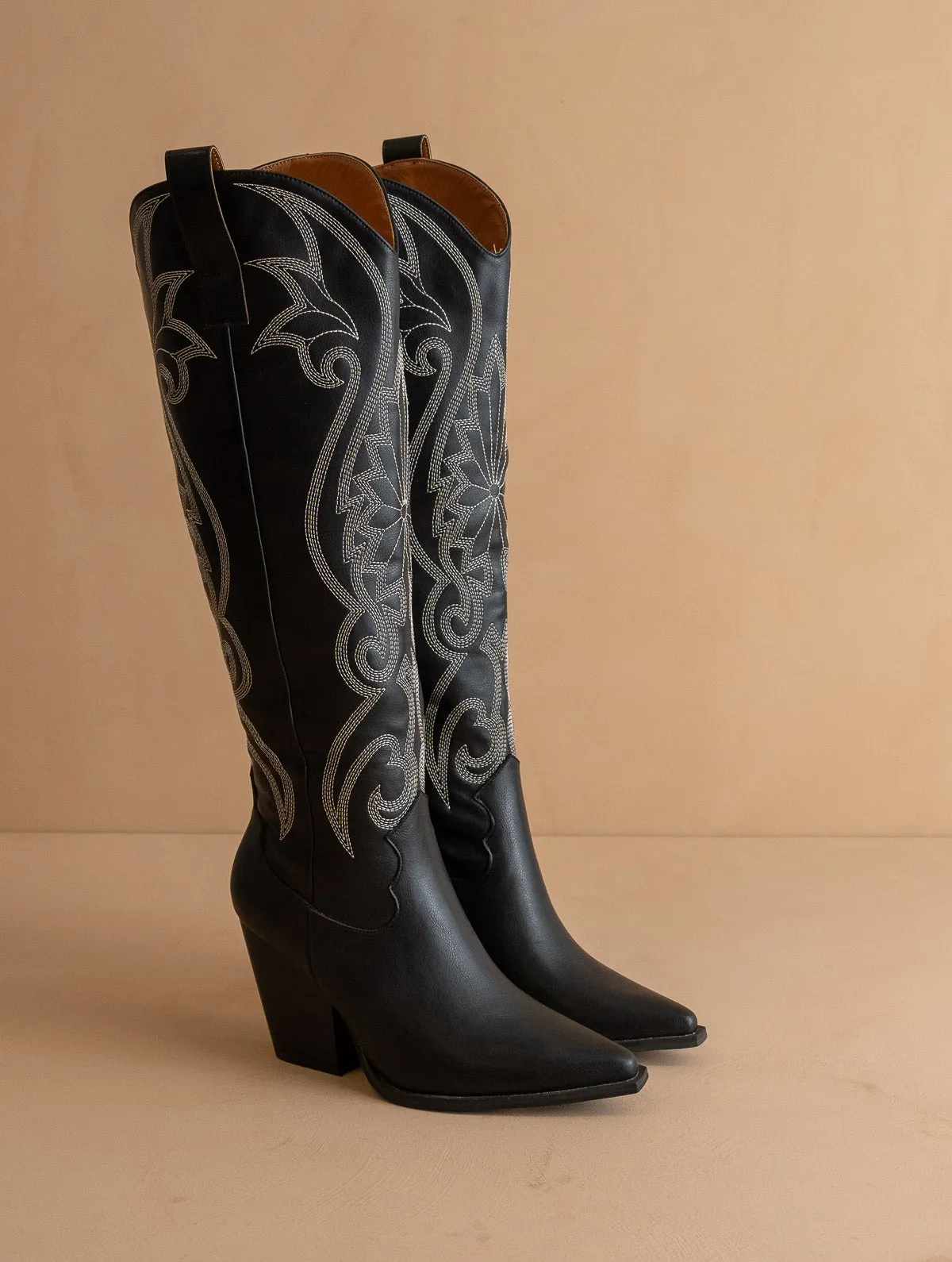 The Astrid | Black Knee High Embroidered Cowboy Boot