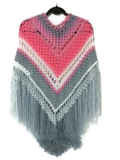 THE PINK AND GRAY ROSES PONCHO, crochet wrap, small- medium women size, andrea designs handmade ponchos, boho chic style, gift for her