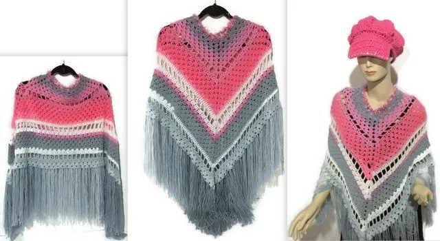 THE PINK AND GRAY ROSES PONCHO, crochet wrap, small- medium women size, andrea designs handmade ponchos, boho chic style, gift for her
