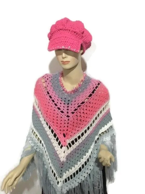 THE PINK AND GRAY ROSES PONCHO, crochet wrap, small- medium women size, andrea designs handmade ponchos, boho chic style, gift for her