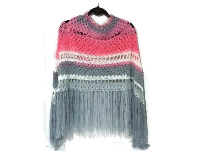 THE PINK AND GRAY ROSES PONCHO, crochet wrap, small- medium women size, andrea designs handmade ponchos, boho chic style, gift for her