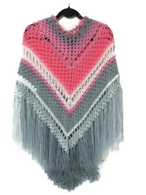 THE PINK AND GRAY ROSES PONCHO, crochet wrap, small- medium women size, andrea designs handmade ponchos, boho chic style, gift for her