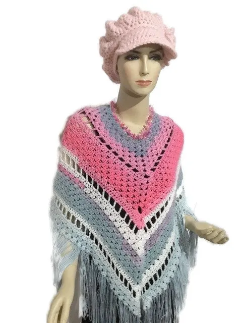THE PINK AND GRAY ROSES PONCHO, crochet wrap, small- medium women size, andrea designs handmade ponchos, boho chic style, gift for her