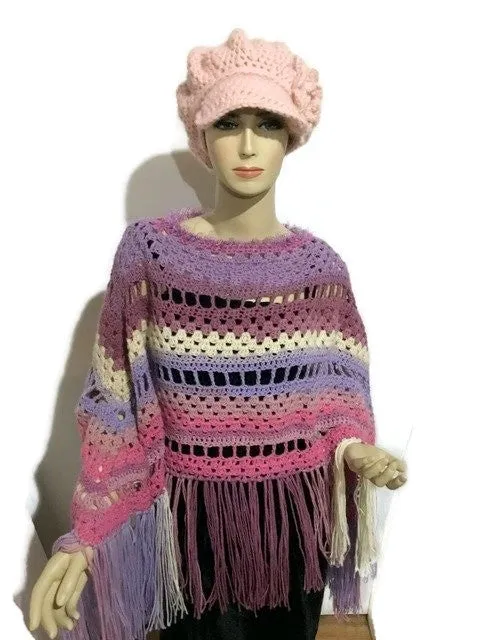 The pink lavander poncho, woman size, boho chic crochet cape, andrea designs handmade ponchos, fall wear, gift for her, small -medium size,