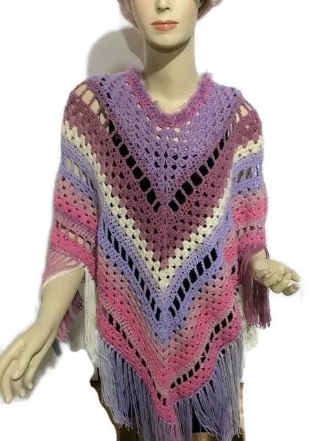 The pink lavander poncho, woman size, boho chic crochet cape, andrea designs handmade ponchos, fall wear, gift for her, small -medium size,