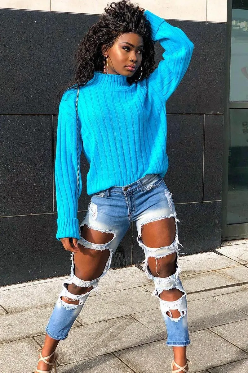 Turqouise Knit High Neck Jumper - Jaelynn