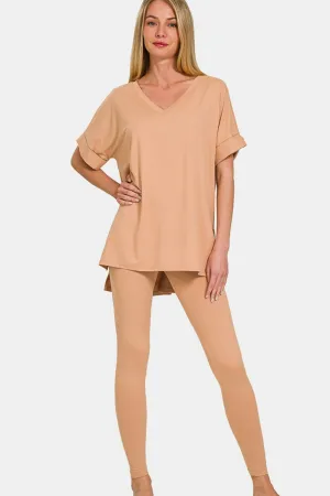 V-Neck Rolled Short Sleeve Lounge Set