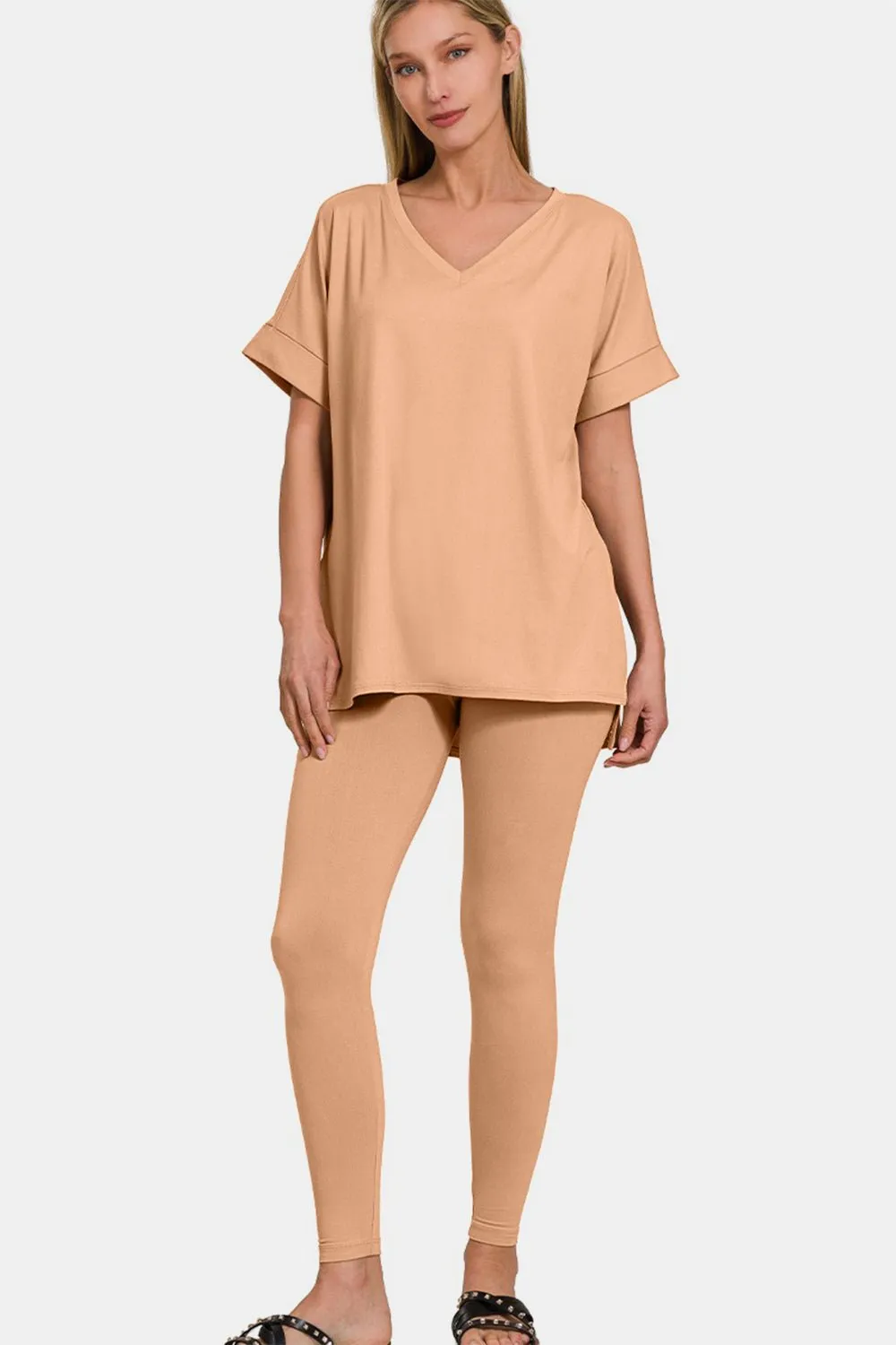 V-Neck Rolled Short Sleeve Lounge Set