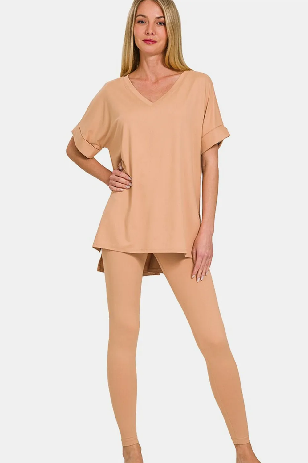 V-Neck Rolled Short Sleeve Lounge Set