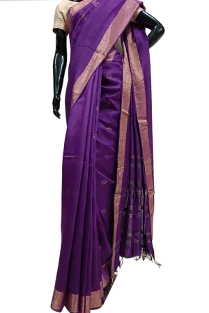 Violet Soft Handloom Tussar Silk Saree With Woven Zari Border