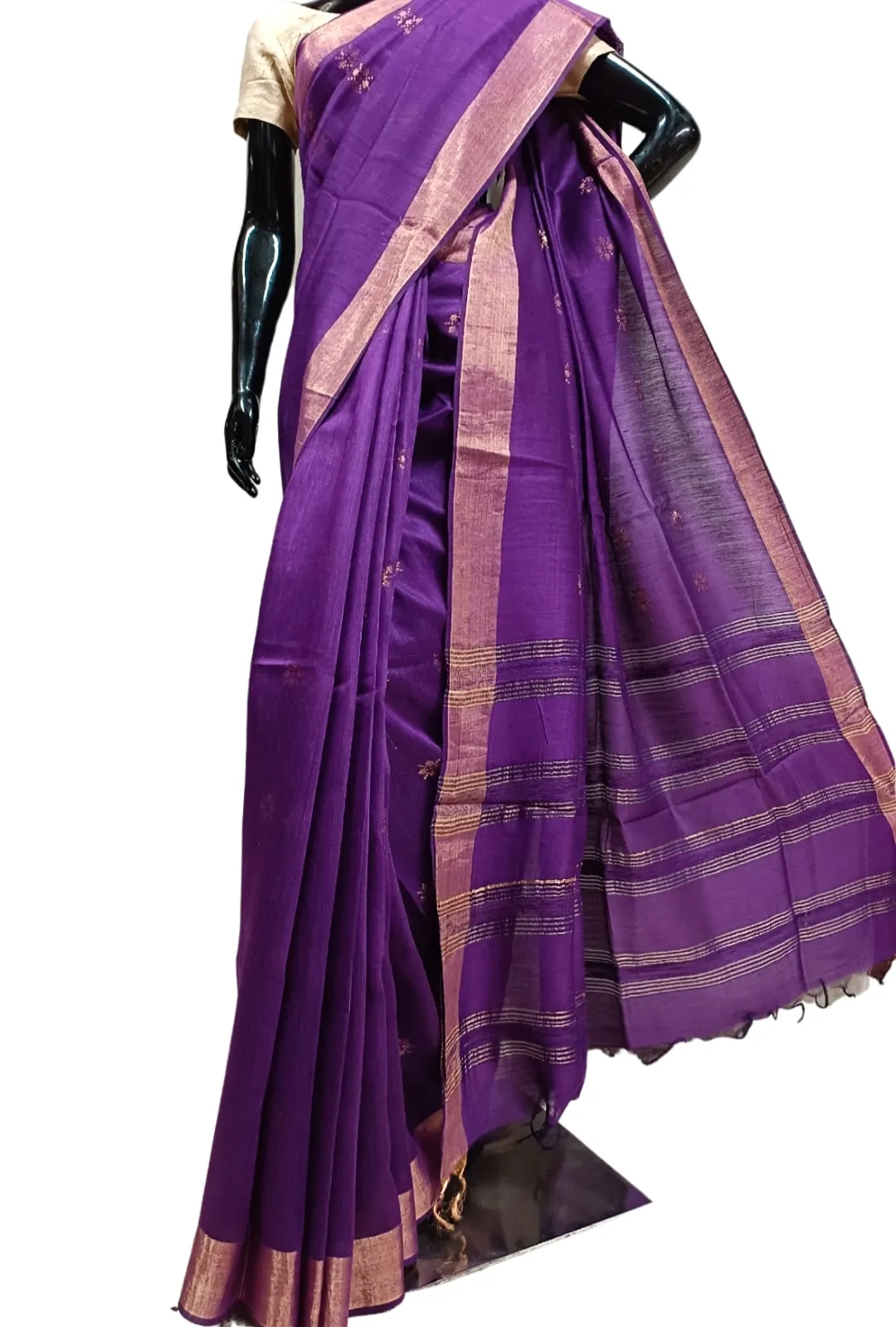 Violet Soft Handloom Tussar Silk Saree With Woven Zari Border