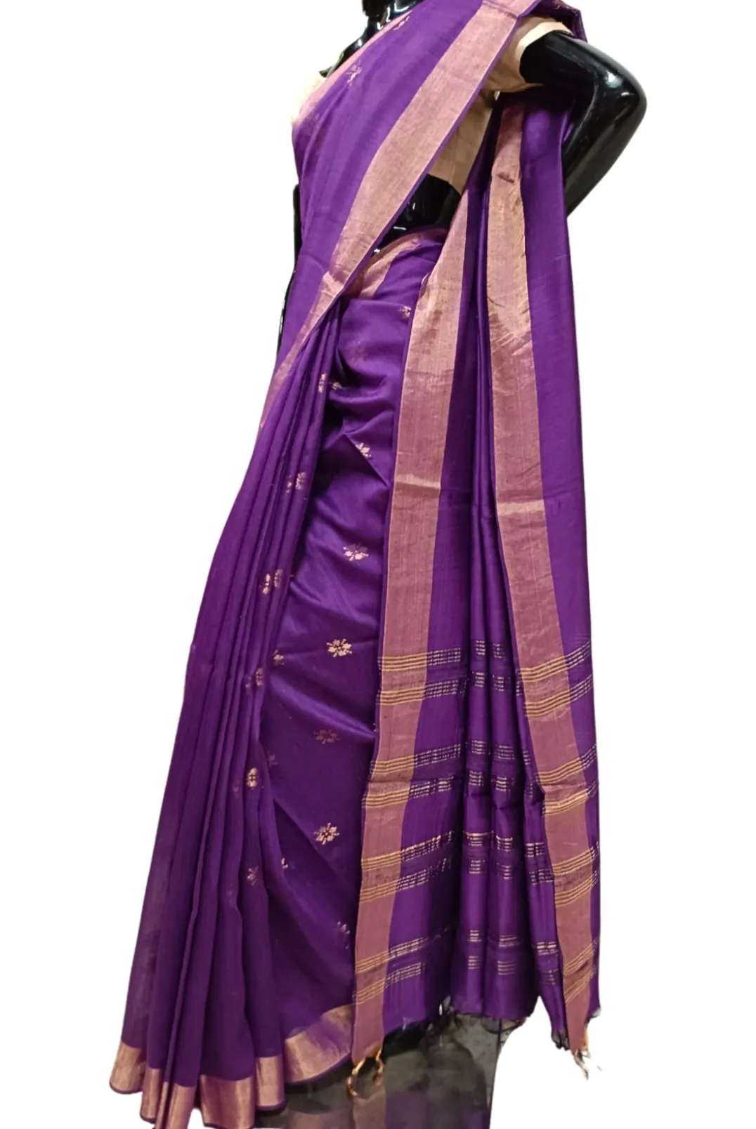 Violet Soft Handloom Tussar Silk Saree With Woven Zari Border