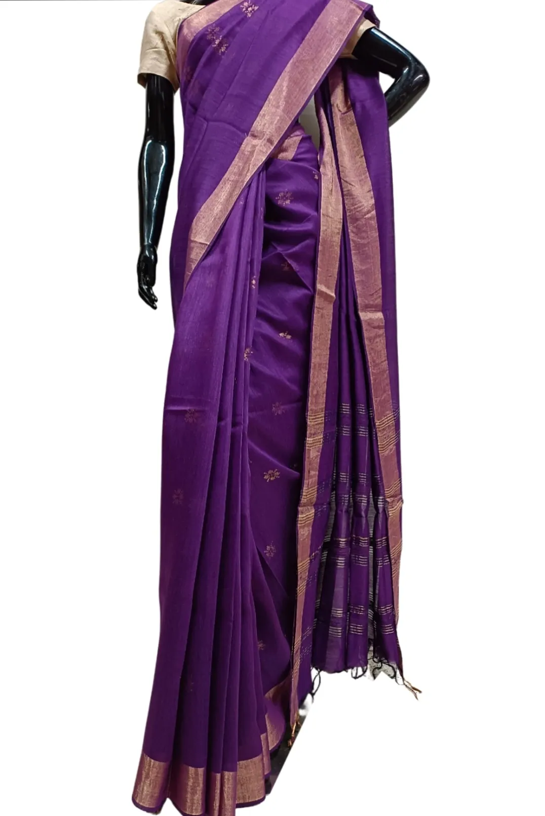 Violet Soft Handloom Tussar Silk Saree With Woven Zari Border