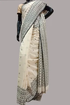 WHite & Black Handspun Handwoven Cotton Dhakai Jamdani Saree