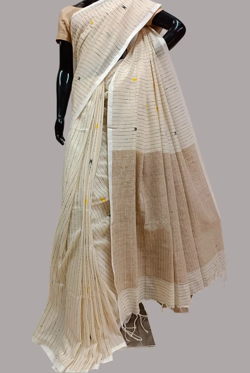 White Handloom Kantha Woven Saree