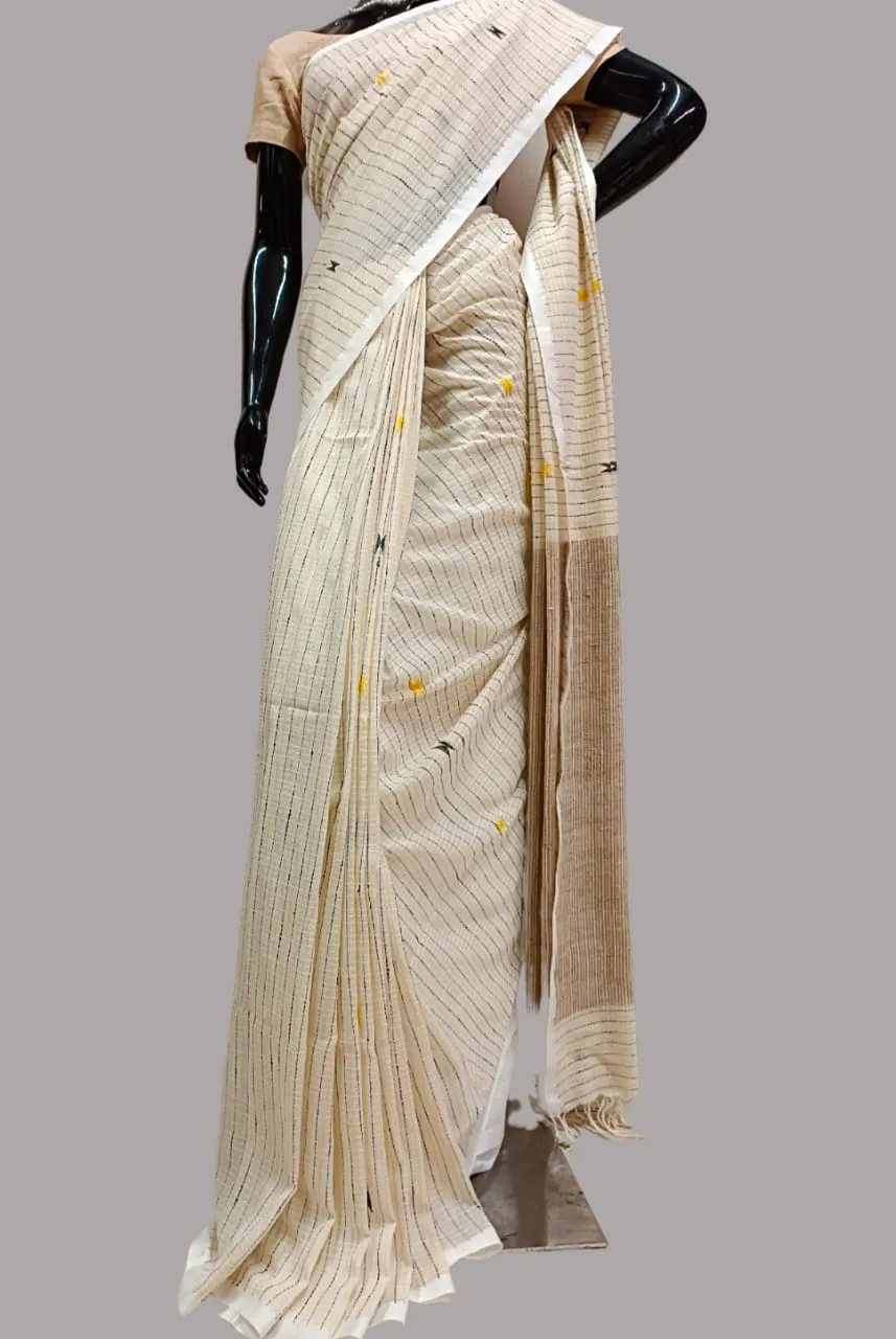 White Handloom Kantha Woven Saree
